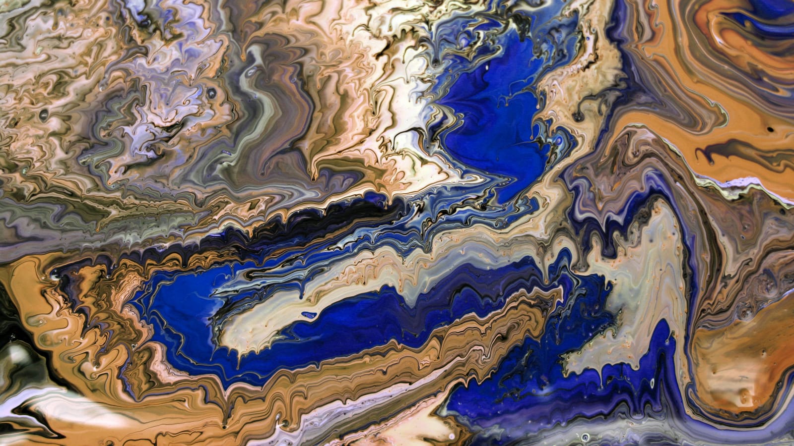 An abstract fluid art painting with swirling blue, brown, and beige patterns.