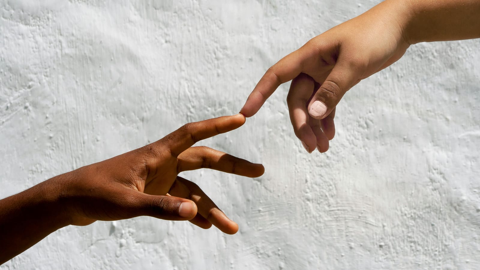 Artistic depiction of human connection with two hands reaching against white backdrop.