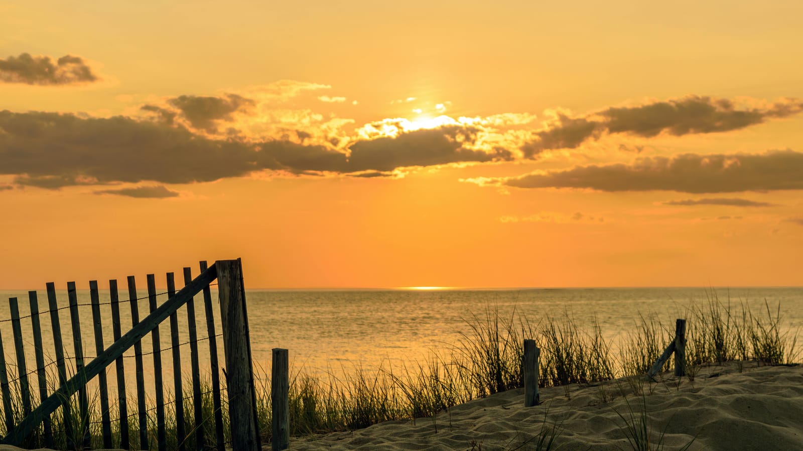 A tranquil beach scene at sunset with golden sands and calm waves, perfect for relaxation.